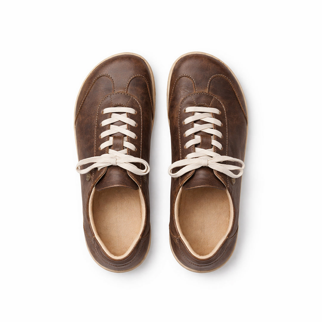 Pair of brown leather shoes with white laces on a white background