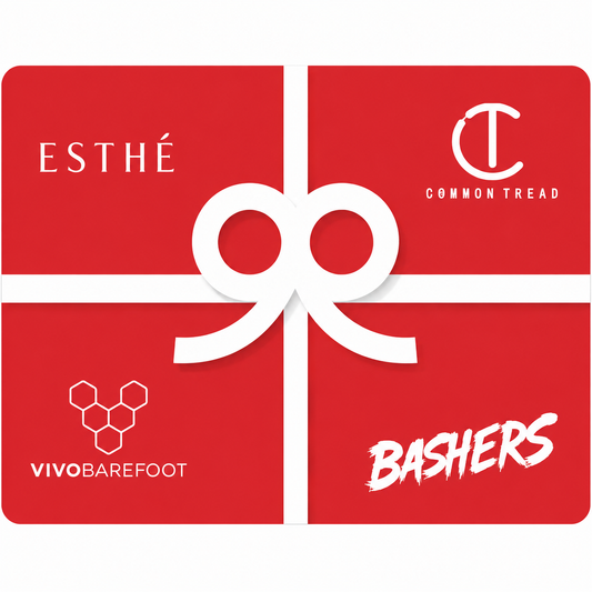The Grounded Sole gift card featuring Vivobarefoot, Common Tread, Esthé and Bashers barefoot footwear brands.