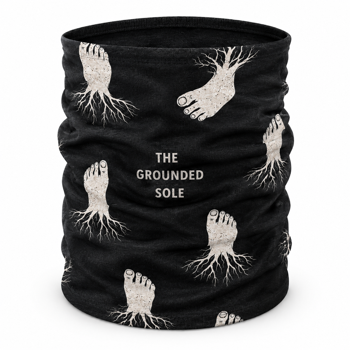 Black neck gaiter with footprints and 'The Grounded Sole' text on a white background