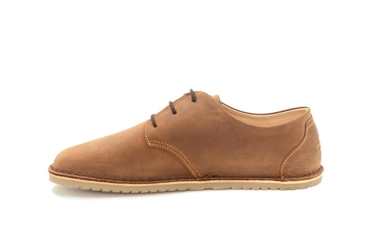 Brown leather men's casual lace-up shoe with light sole on white background