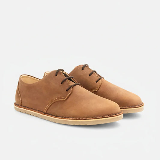 Pair of brown leather shoes on a white background