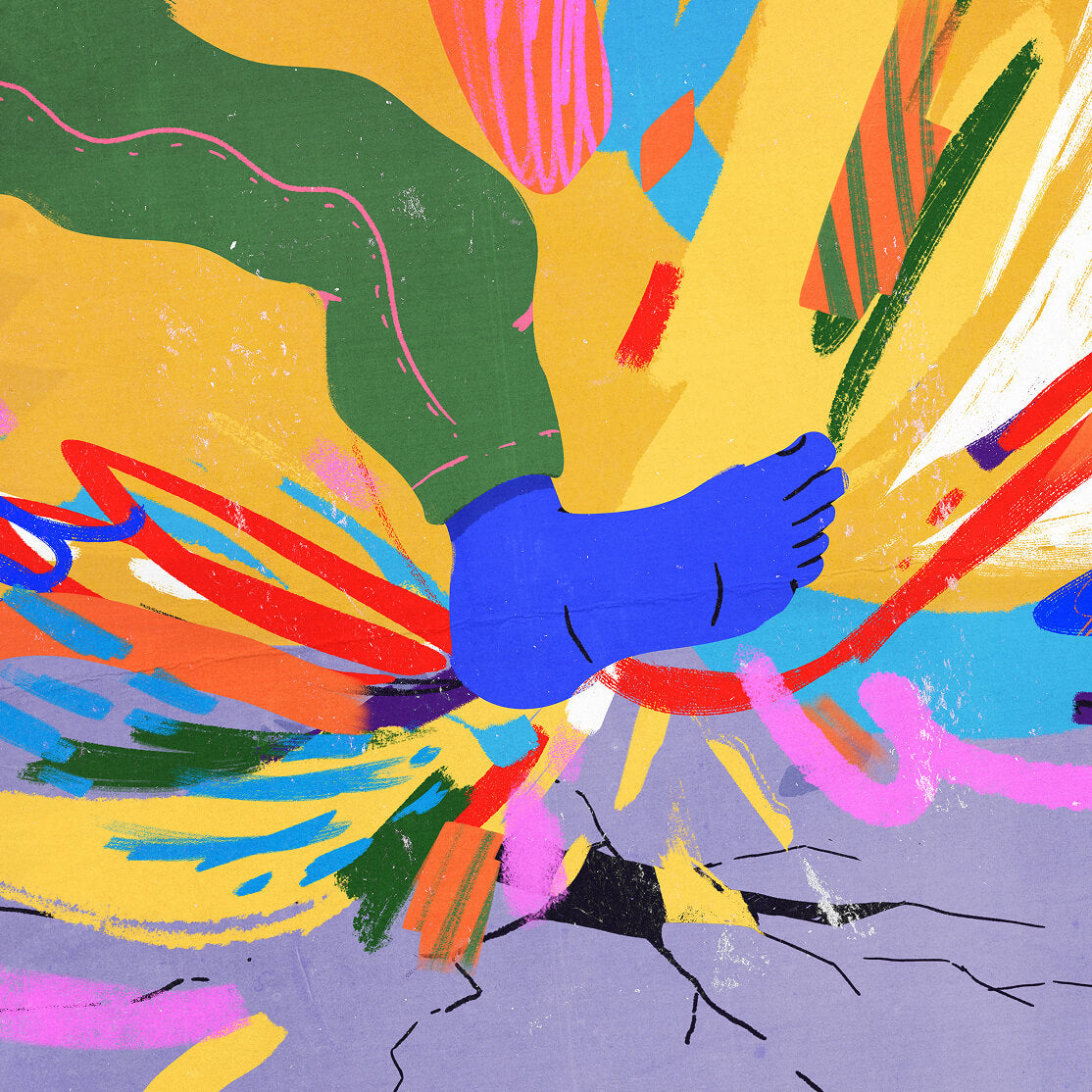 Abstract artwork with a blue foot and colorful splashes on a yellow and purple background