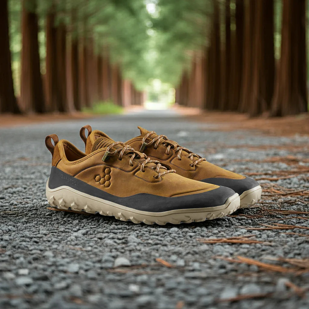 Brown and black outdoor sneakers on a gravel path lined with tall pine trees