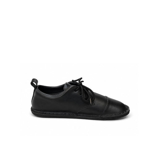 A single black leather lace-up shoe with a cap toe, shown in profile against a plain white background.
