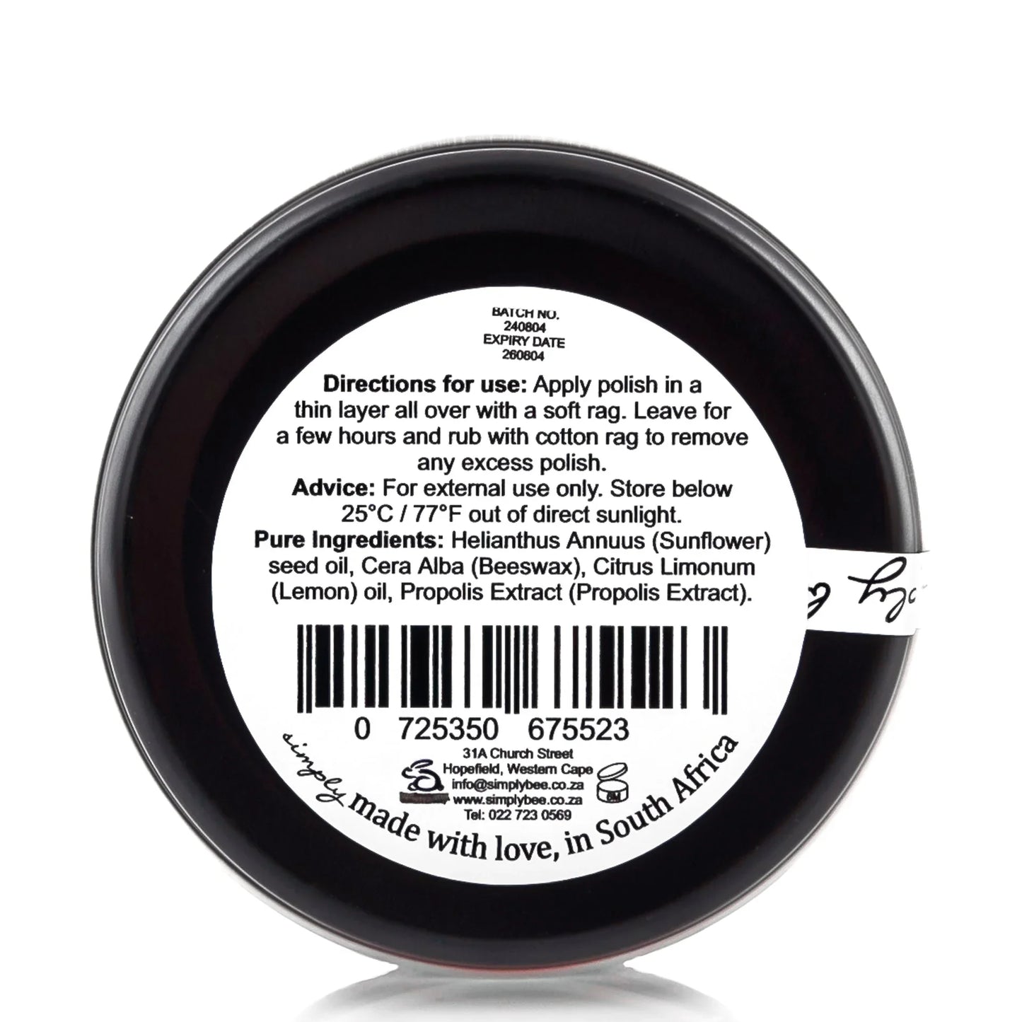 Back label of men's leather polish with usage directions and natural ingredients including beeswax and sunflower oil