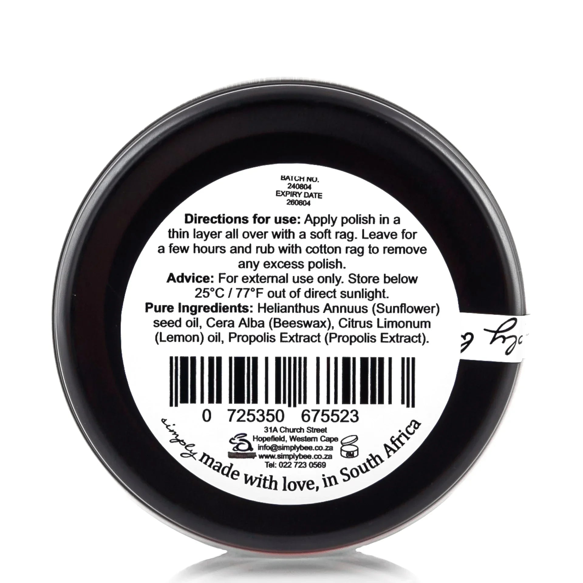 Back label of men's leather polish with usage directions and natural ingredients including beeswax and sunflower oil