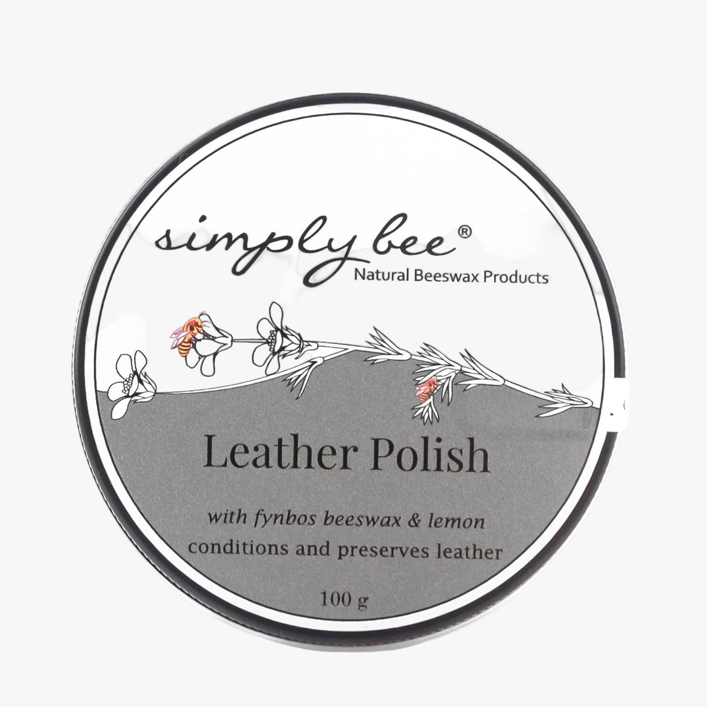 Simply Bee Natural Beeswax Leather Polish tin with fynbos beeswax and lemon, 100g