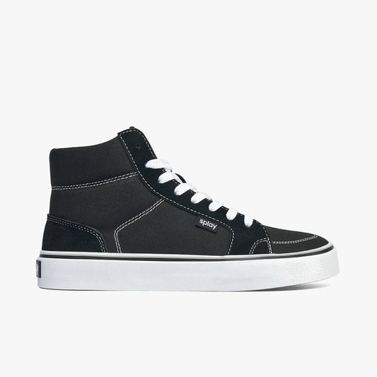 Black high-top sneaker with white laces, white stitching, and thick white sole on white background