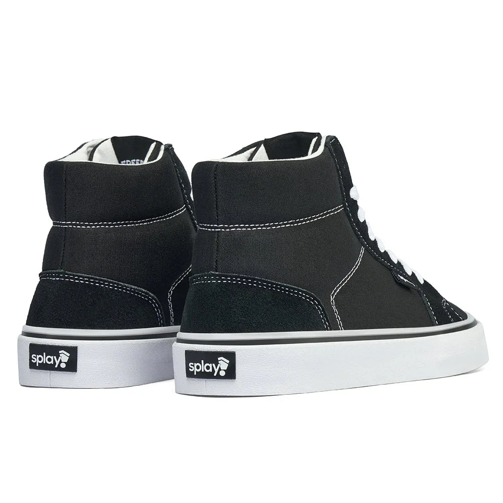Pair of black high-top sneakers with white soles and laces, featuring splay logo on heel