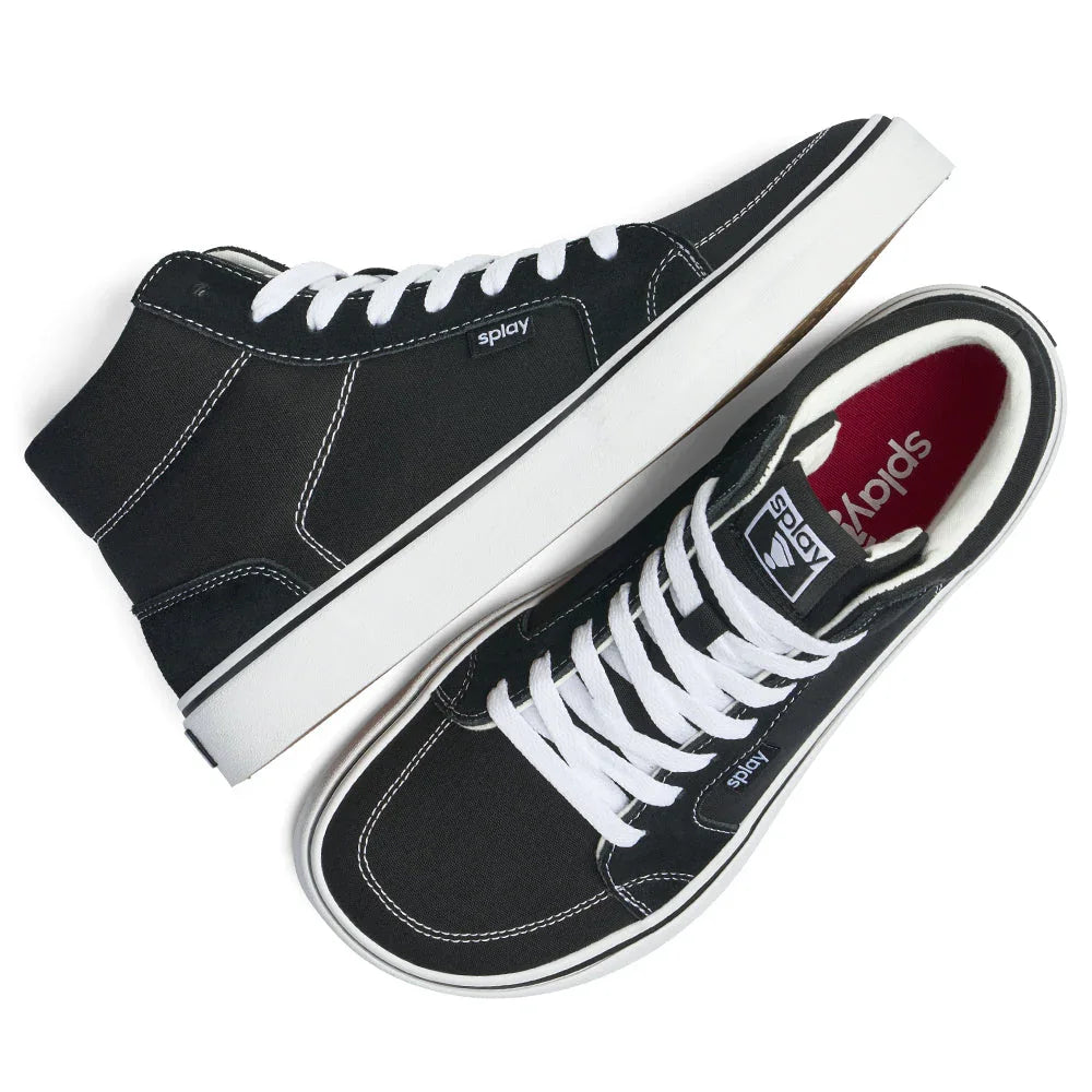 Black high-top canvas sneakers with white laces and stitching, Splay brand logo visible