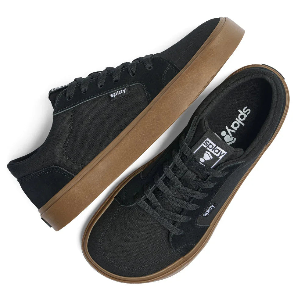 Black canvas casual sneakers with brown rubber soles and black laces by Splay