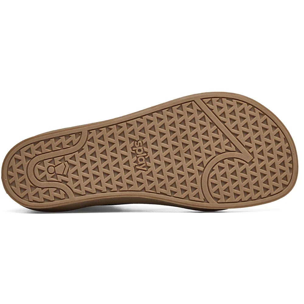 Brown rubber sole of Spady shoe with geometric tread pattern and logo