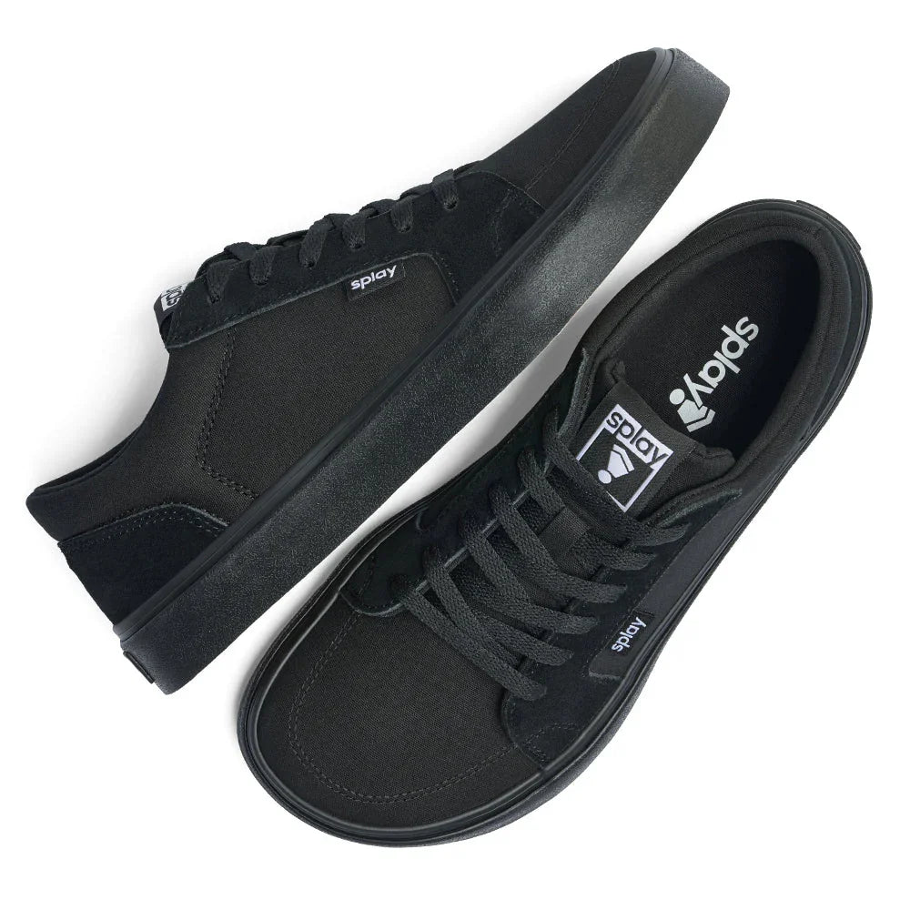 Pair of black Splay low-top canvas sneakers with black rubber soles and laces