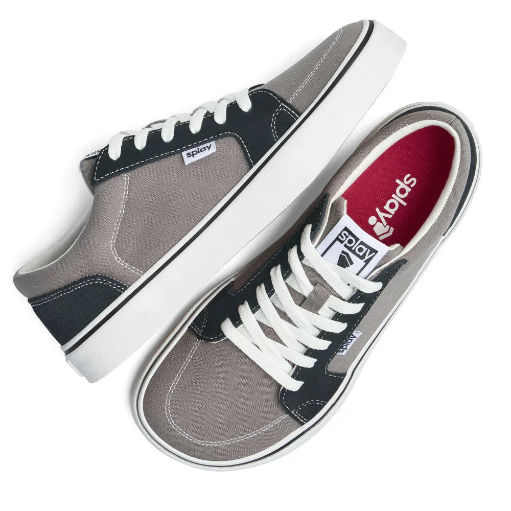 Gray and black Splay canvas sneakers with white laces and red insoles, shown from top and side views
