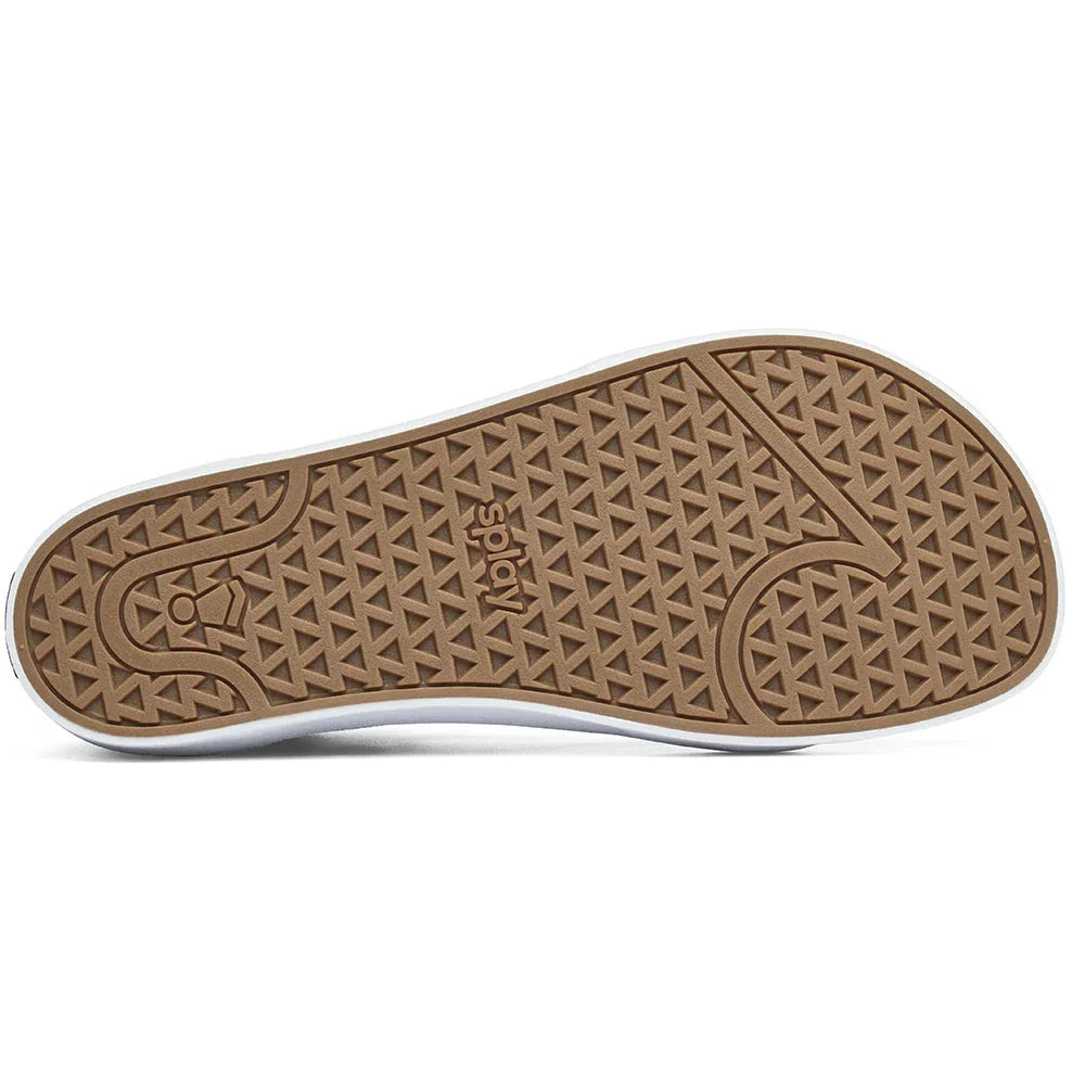 Brown rubber sole of Splay brand shoe with triangular tread pattern and white edge