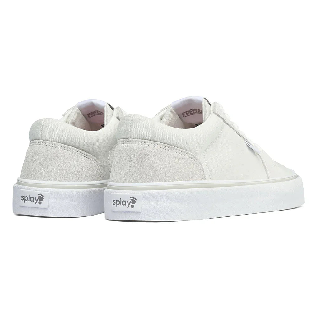 Pair of white Splay low-top sneakers with suede heel and rubber sole, rear angle view