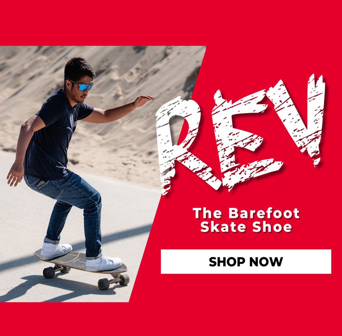 Person skateboarding with 'REV' branding and promotional text on a red background
