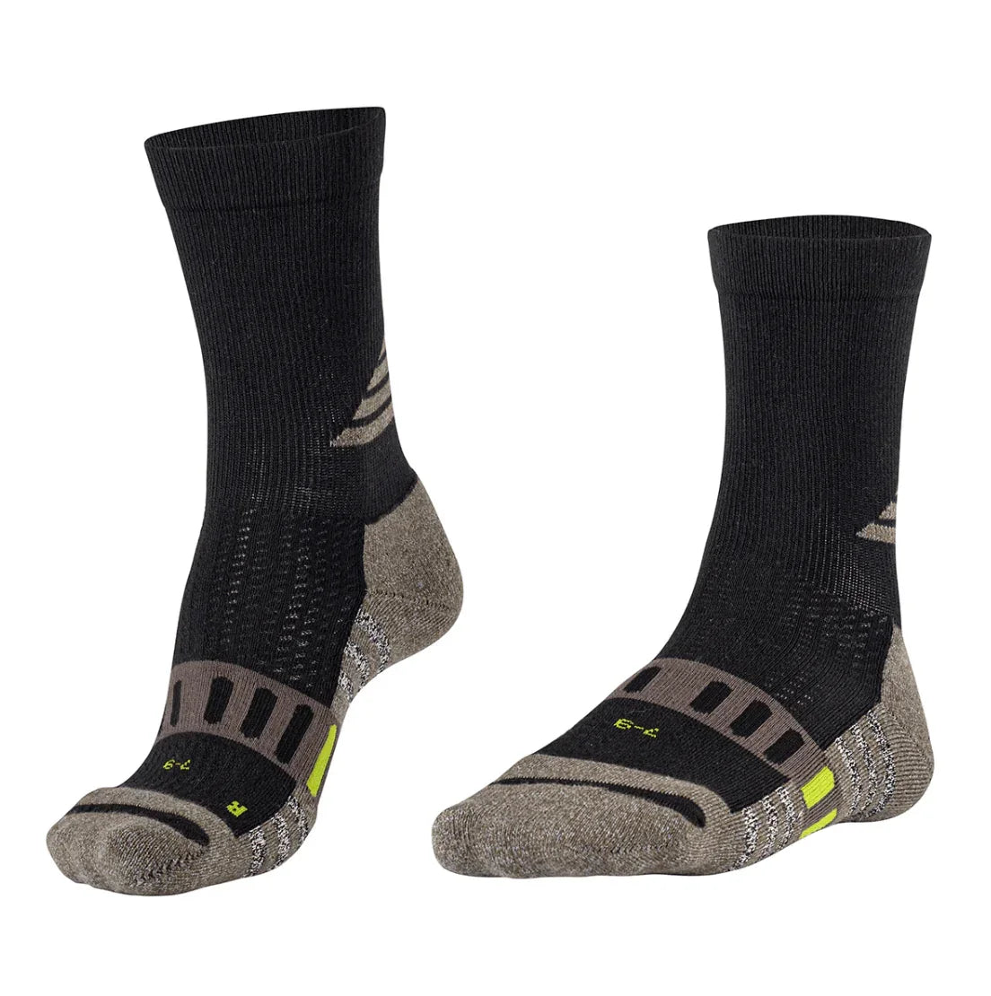 Pair of black and gray cushioned athletic socks with yellow accents on a white background