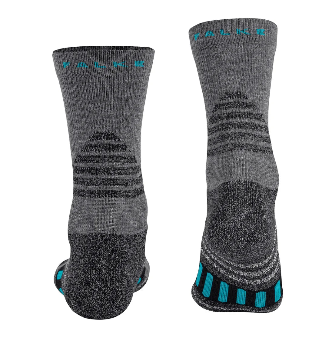 Pair of grey Falke performance crew socks with black and blue accents shown from back and bottom