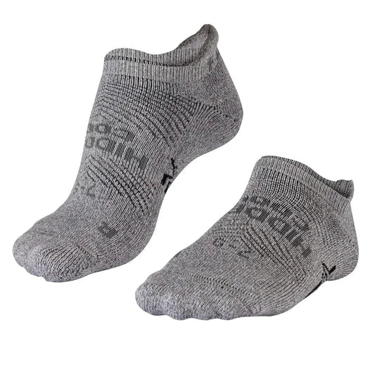 Pair of grey low-cut athletic running socks with textured knit design