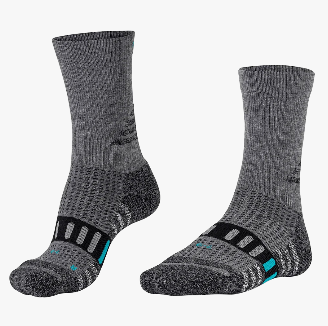 Pair of grey athletic crew socks with black and turquoise accents, designed for comfort and support