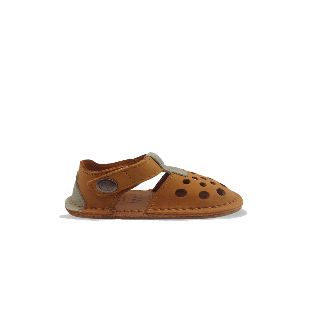 Brown leather baby sandal with circular perforations and side strap on white background