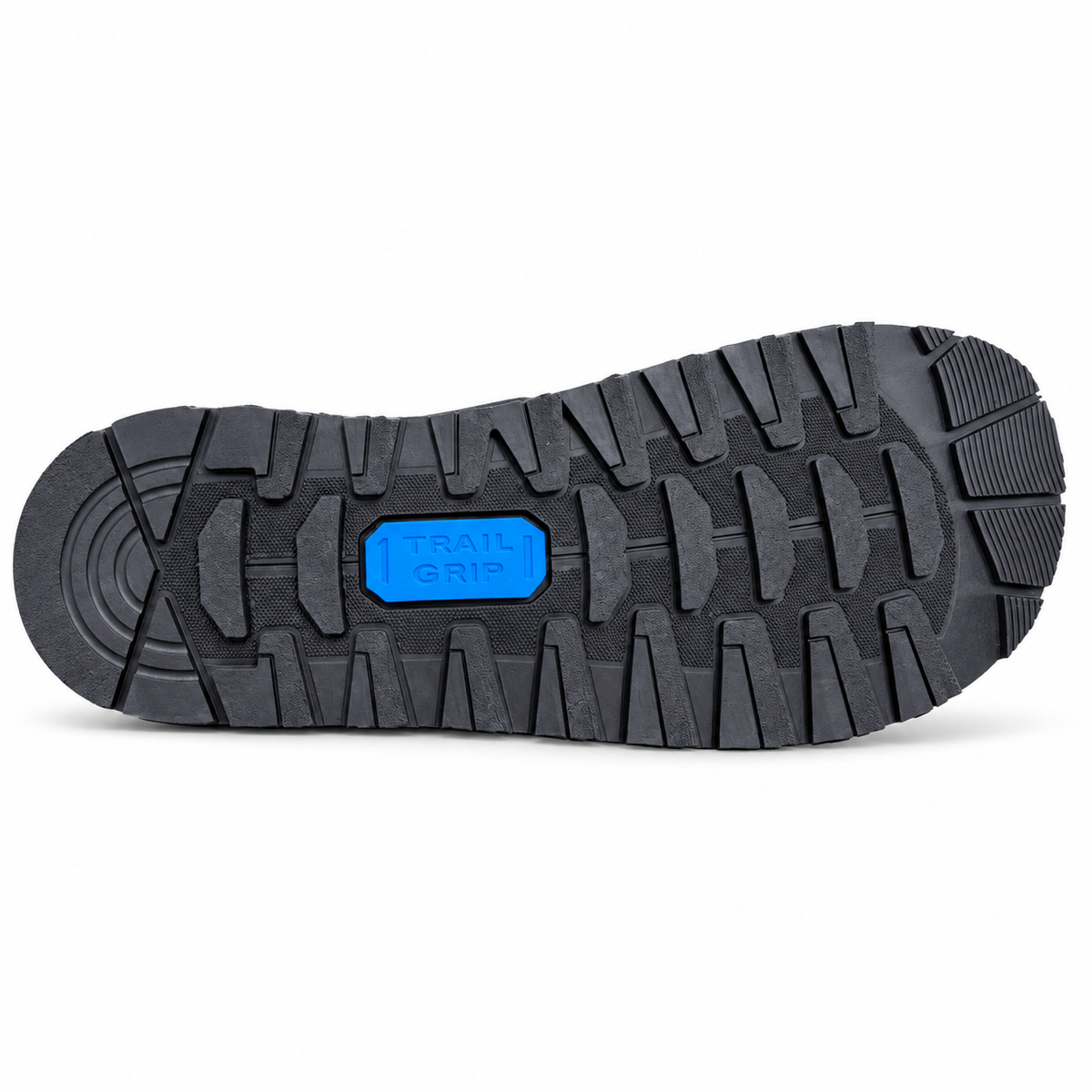 The treaded outsole of a black hiking boot, featuring a bright blue central 'RAIN SHIP' label, shown against a plain white background.