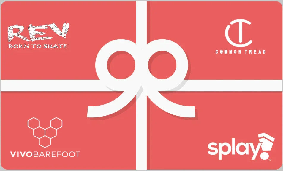 Red gift card with white ribbon and logos of REV skate, Common Tread, Vivo Barefoot, and Splay brands