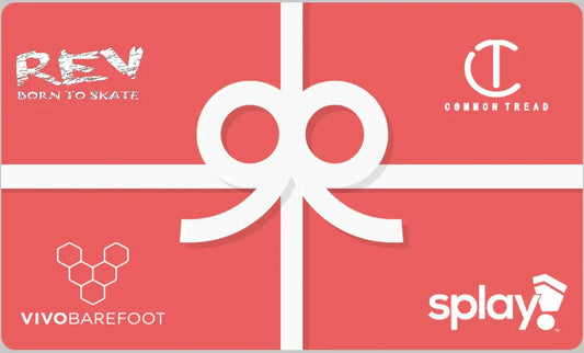 Red gift card with white ribbon and logos of REV skate, Common Tread, Vivo Barefoot, and Splay brands