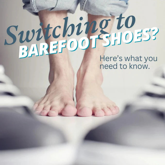 Text overlay on a blurred image of feet wearing barefoot shoes.