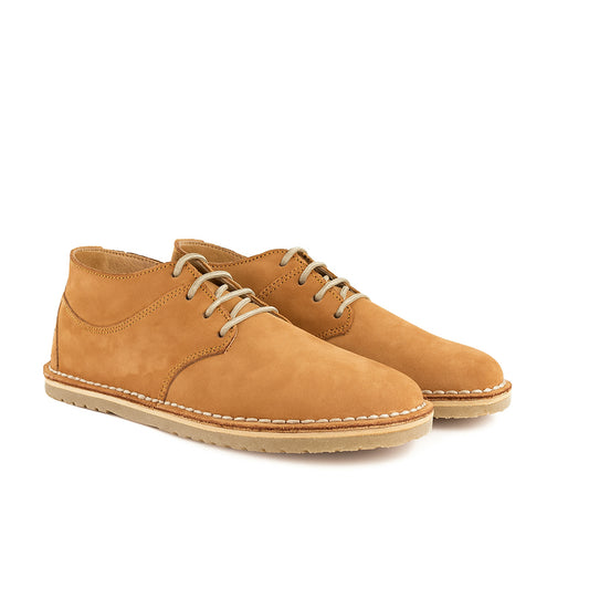 Pair of tan leather shoes on a white background