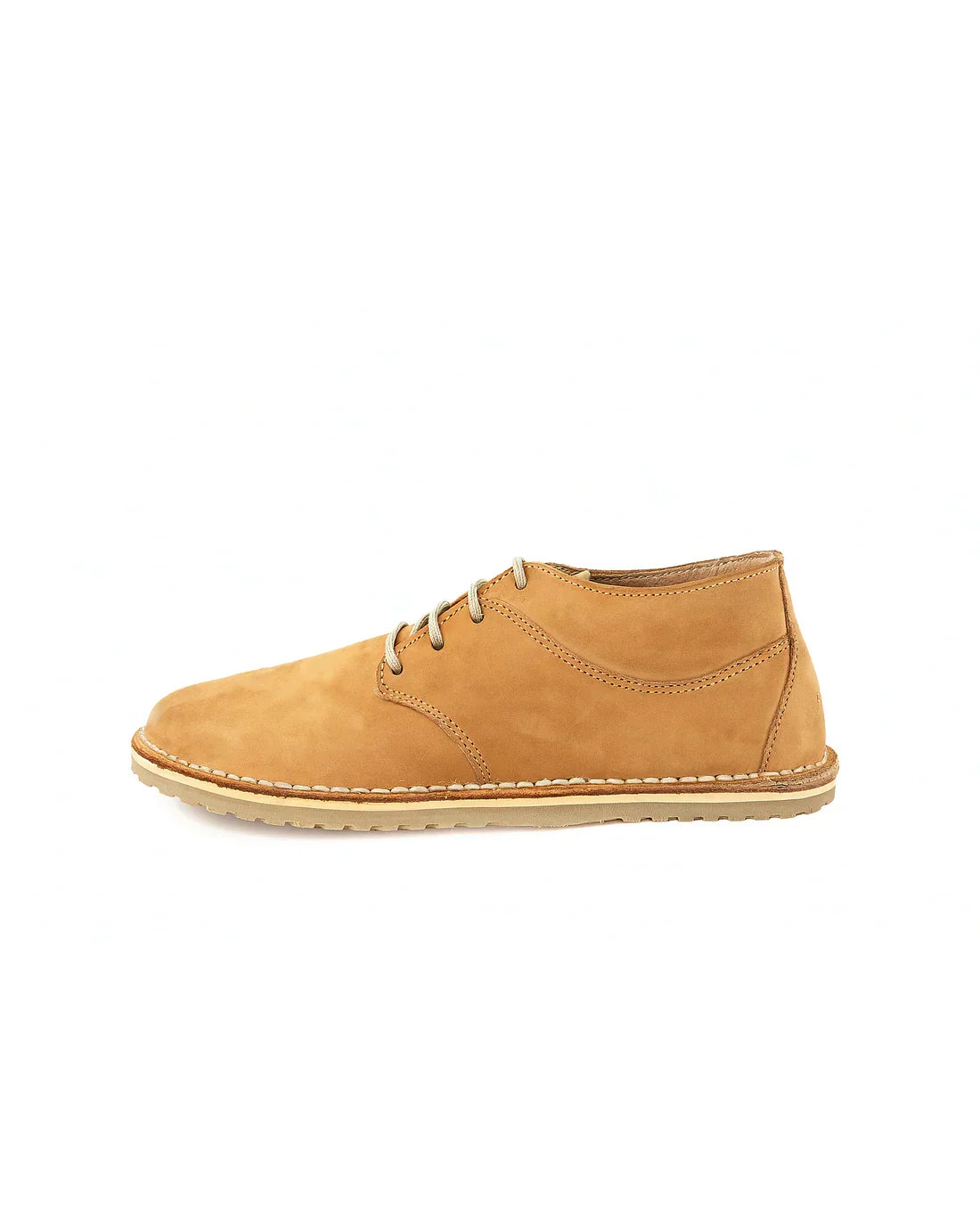 Side view of tan leather Tundra barefoot shoe with light sole and beige laces
