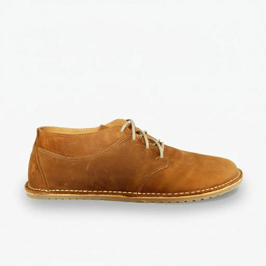 Brown leather casual men's shoe with beige laces and stitched sole on white background