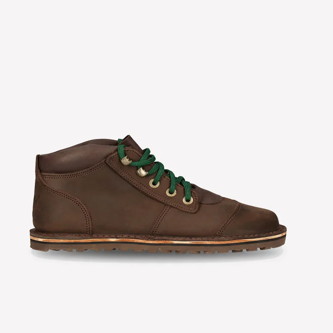 Brown leather barefoot shoe with green laces on white background, The Grounded Sole