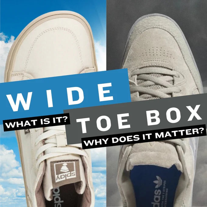 Two sneakers with text about wide toe box design and its importance.