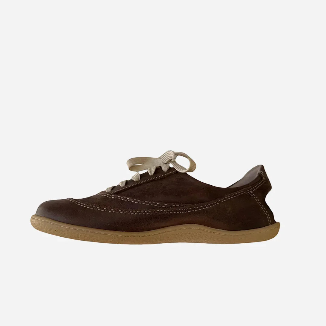 Brown leather barefoot shoe with natural rubber sole, sustainable footwear by The Grounded Sole