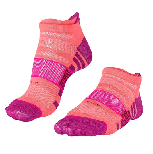 Pink and purple low-cut running socks with mesh panels on white background
