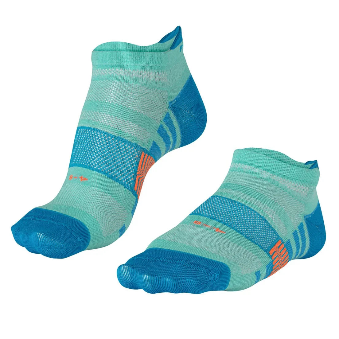 Pair of Falke lightweight ankle running socks in turquoise and blue with orange accents
