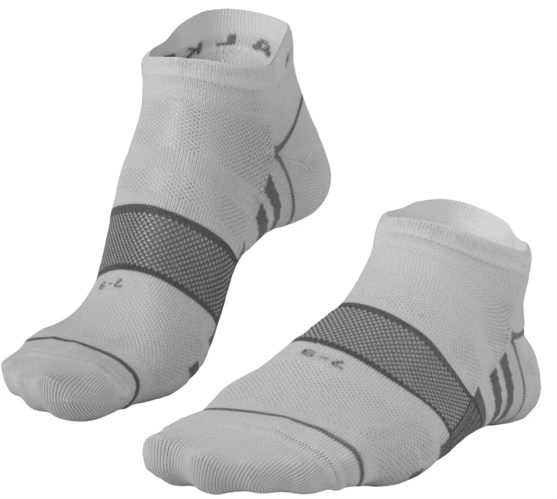 Pair of white low-cut running socks with black mesh band and gray accents