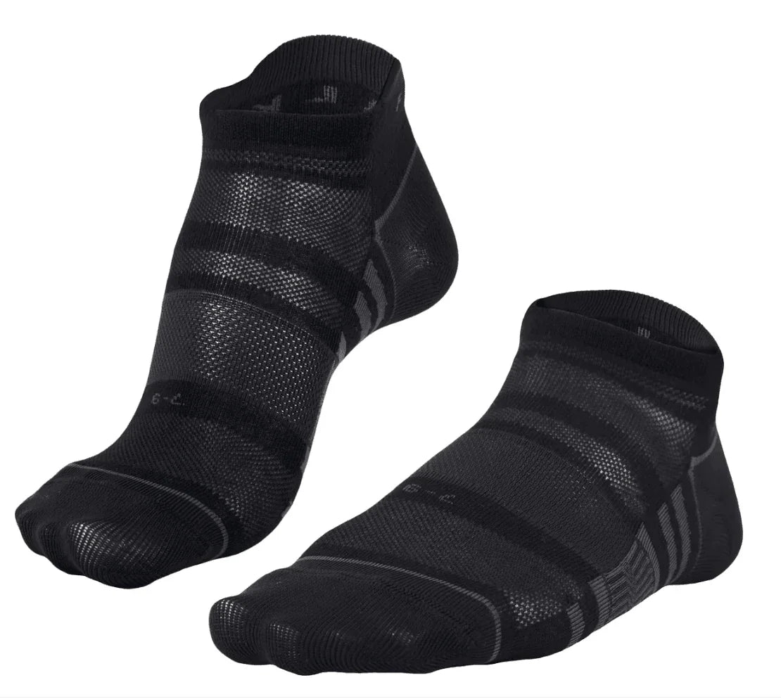 Pair of black low-cut Falke Hidden Dry Lite running socks with breathable mesh and padded sole