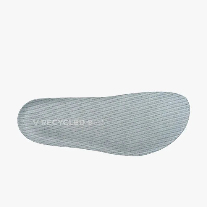Light grey recycled material shoe insole with textured surface on white background