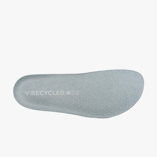 Light grey recycled material shoe insole with textured surface on white background