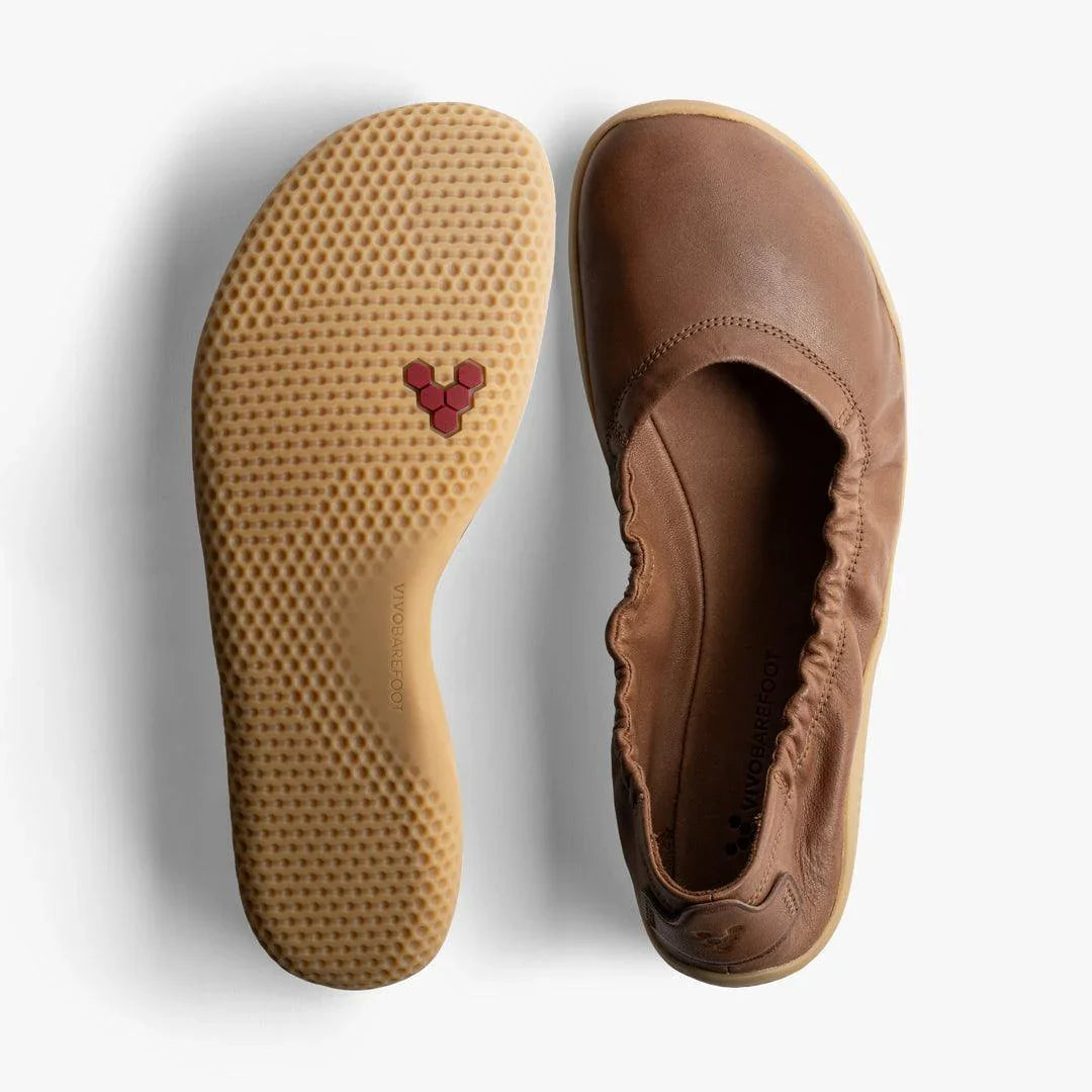 Vivobarefoot Primus Asana Yin Ballerina women’s tan barefoot shoes, top and sole view