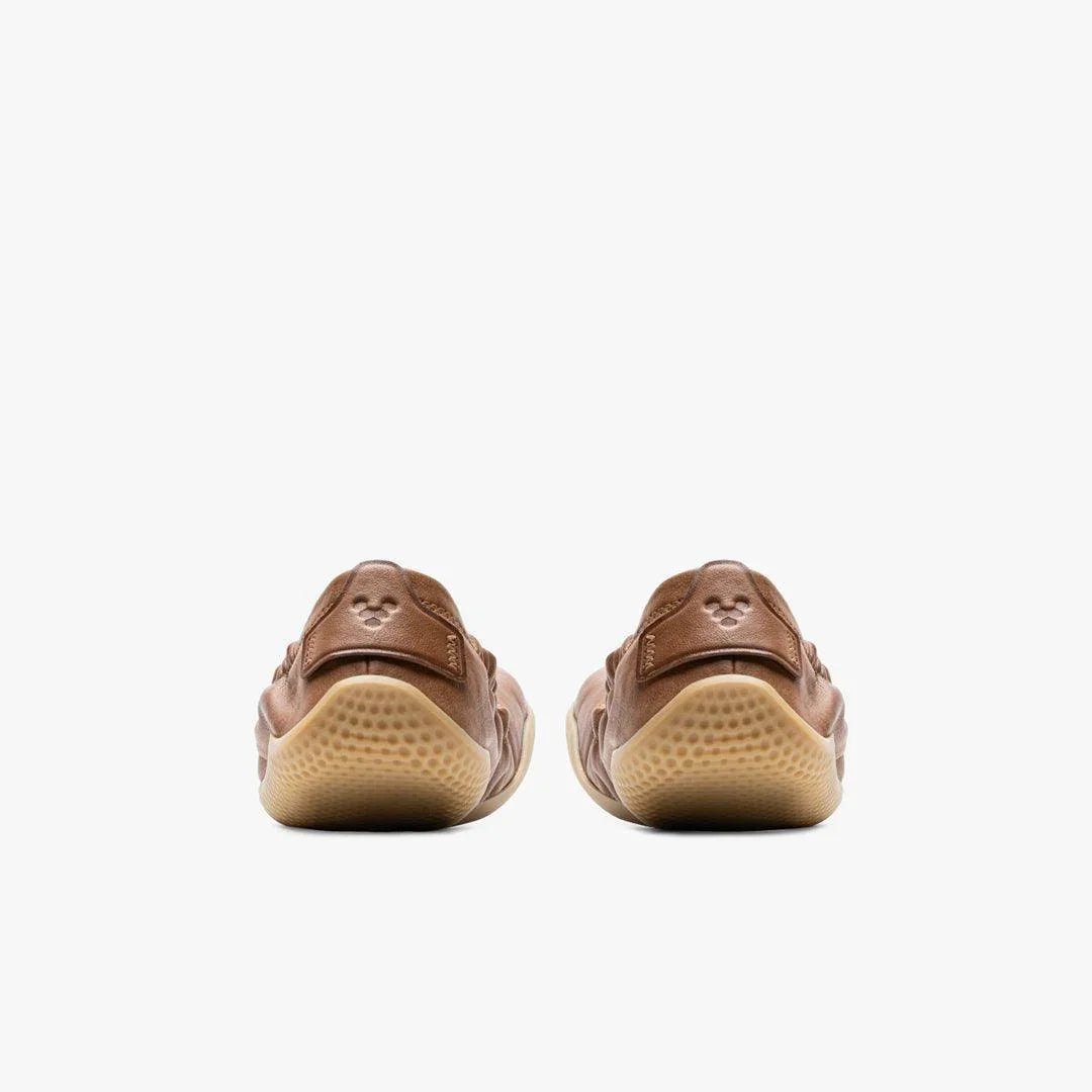Tan Vivobarefoot Primus Asana Yin Ballerina women's barefoot shoes, rear view, on white background
