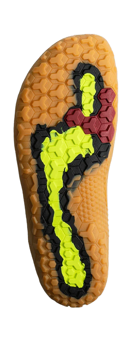 Vibrant hexagonal tread of Vivobarefoot Primus Trail Knit FG Men’s barefoot shoe, gum sole