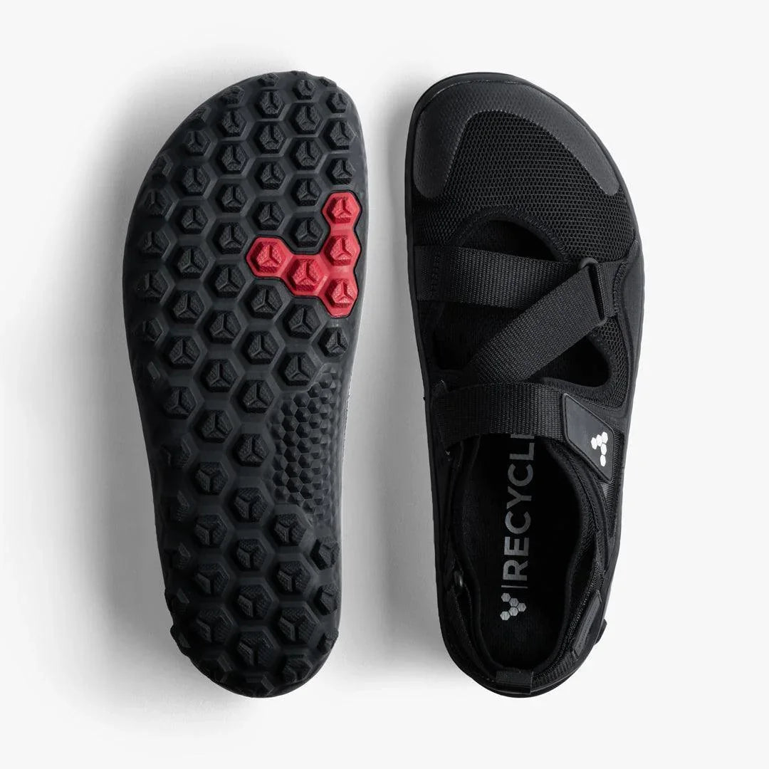 Black Vivobarefoot Tracker Sandal with mesh upper and hexagonal tread sole with red accents