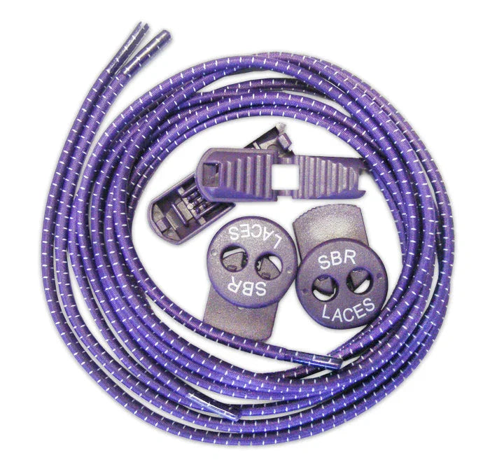 Purple elastic no-tie shoelaces with black plastic locking clips and SBR laces toggles