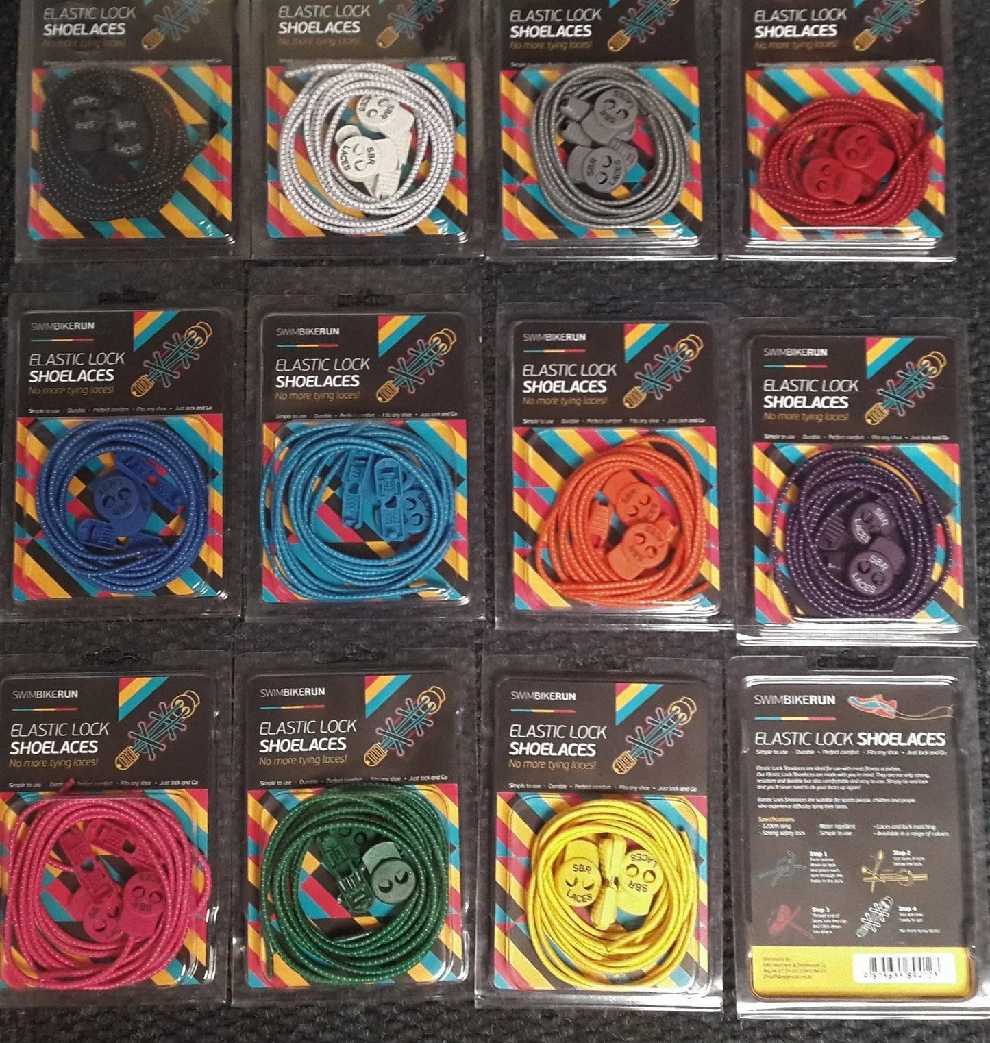 Twelve packs of SwimBikeRun Elastic Lock Shoelaces in various colors including black, white, grey, red, blue, turquoise, orange, purple, pink, green, and yellow