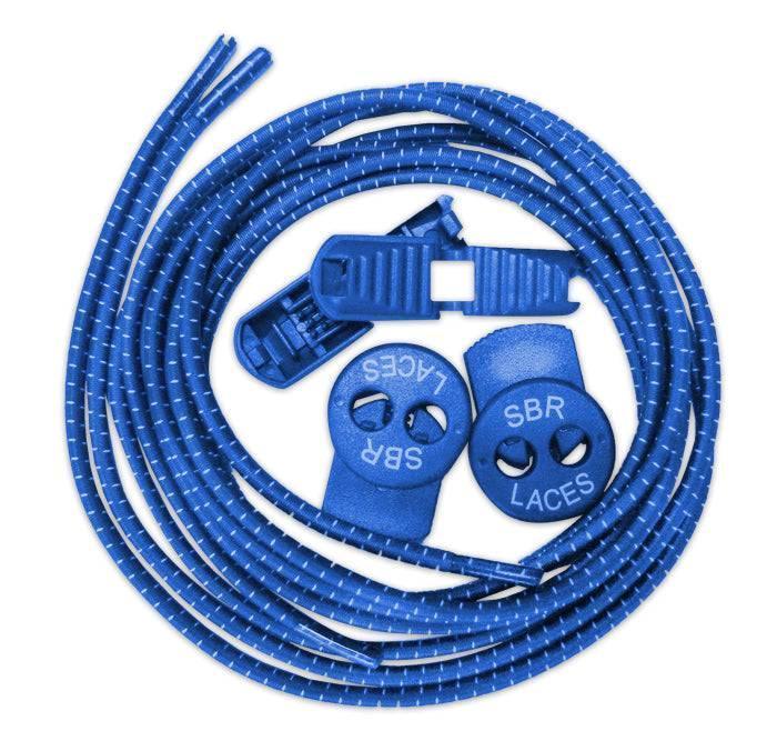 Blue elastic shoelaces with SBR lock clips and round adjusters against white background
