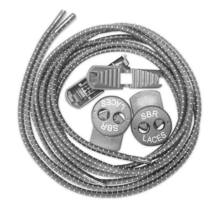 Coiled grey elastic shoelaces with reflective stripes and black plastic SBR lace locks and adjusters